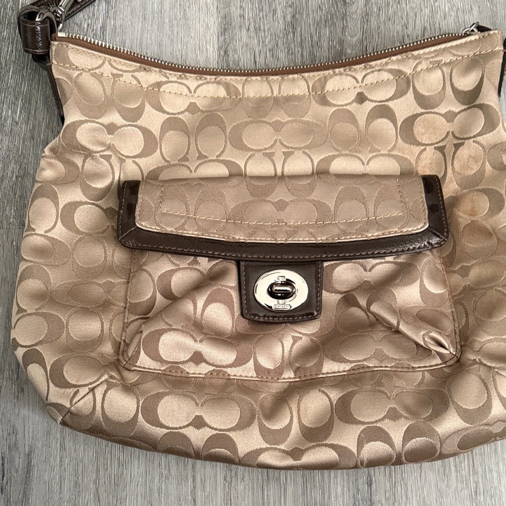 Coach Beige and Dark Brown Signature Shoulder Bag